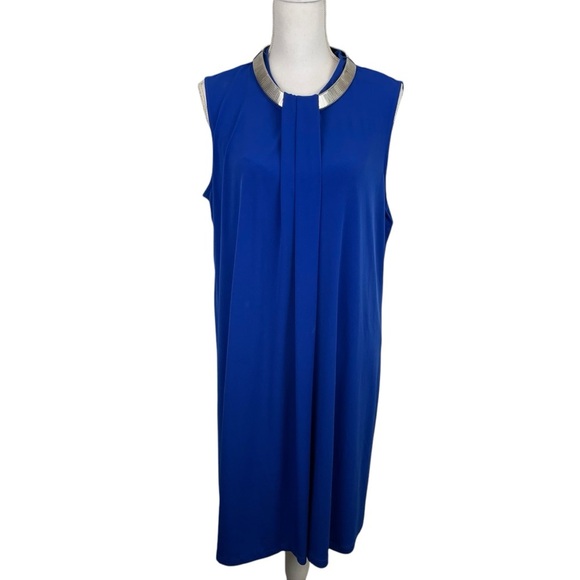 Calvin Klein | Royal Blue Silvertone Collar Drape Cocktail Dress New - Picture 1 of 10